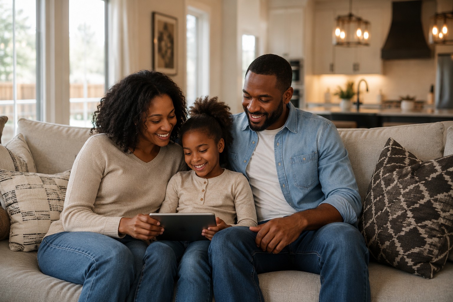 Happy family relaxing in an energy efficient home