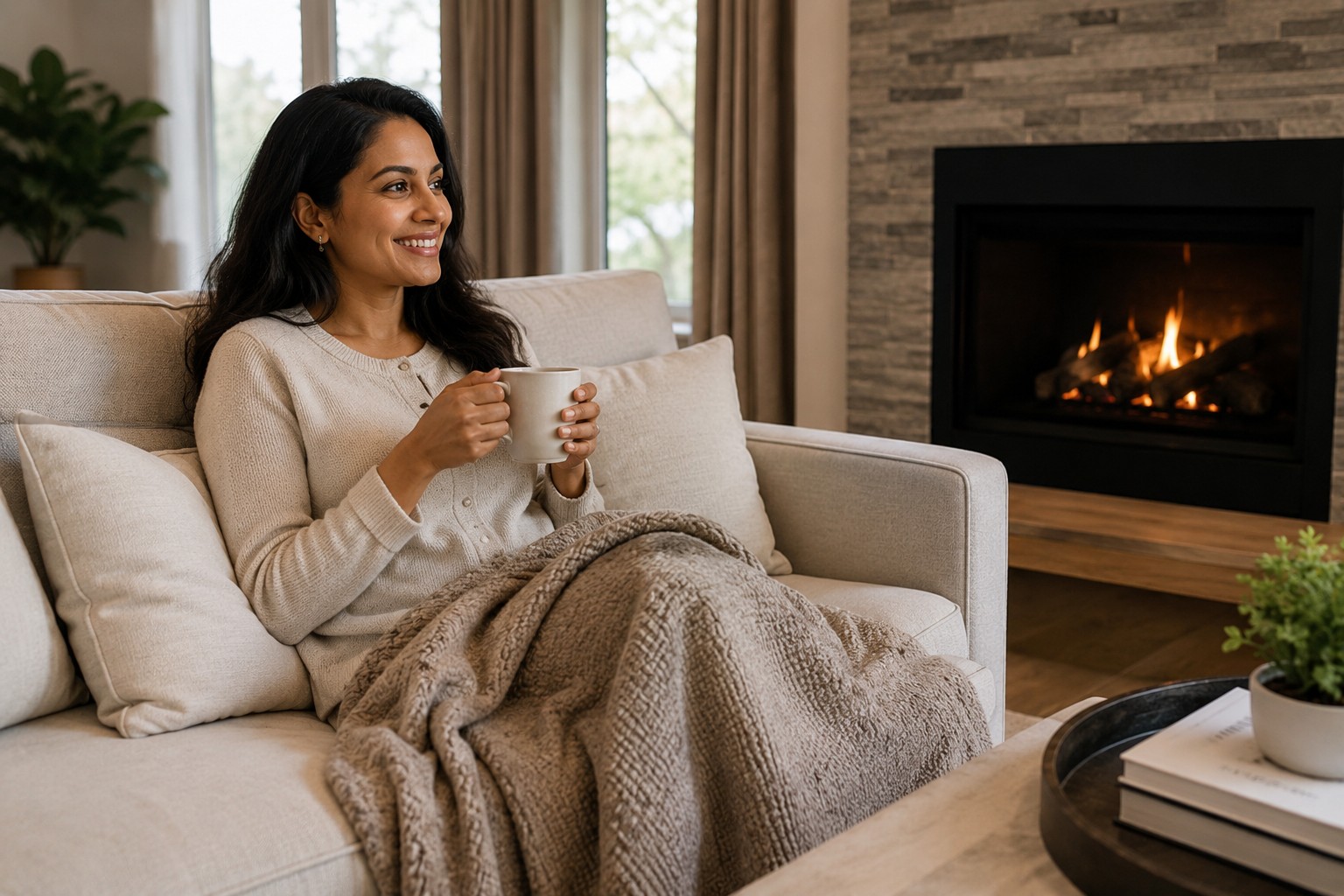 Woman enjoying comfort in a beautiful living room