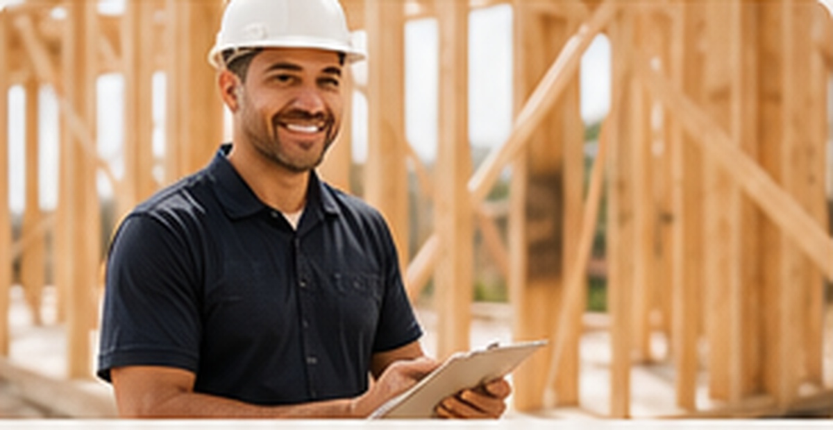 Friendly construction professional inspecting framing