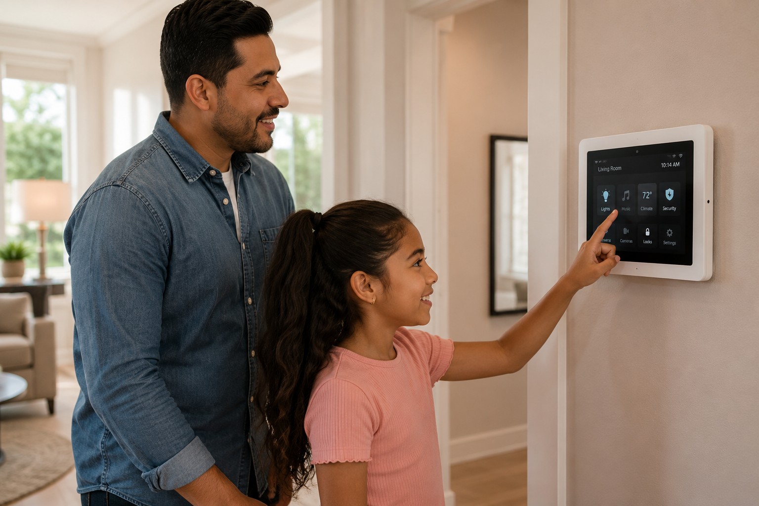 Father and daughter using a smart thermostat
